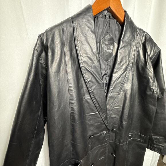 Vintage Long Black Leather Coat Women's Size L Double Breasted Patchwork Style - Picture 2 of 11